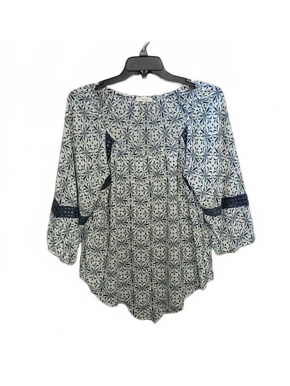 Halo Women's Printed 3/4 Sleeve Blouse with Lace Trim Size XL
